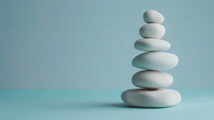 A stack of white rocks balances gracefully on a smooth blue surface