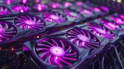 Closeup of graphics card with purple fans in the background, high tech server room background, purple lighting, dark tones. Generative AI.
