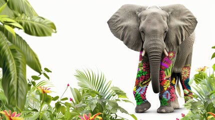 An elephant wearing colorful, patterned pants, standing in a whimsical jungle.,space for text,isolated on white background