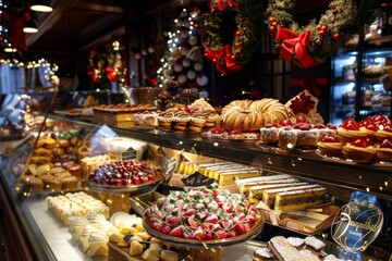 Festive Holiday Patisserie Display With Traditional European Decorations and Seasonal Pastries