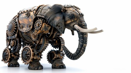 A steampunk-themed elephant in mechanical pants, exploring a futuristic landscape.,space for text,isolated on white background