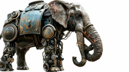 A steampunk-themed elephant in mechanical pants, exploring a futuristic landscape.,space for text,isolated on white background