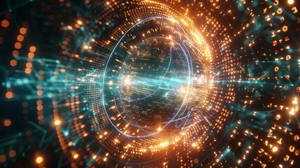 An abstract representation of artificial intelligence, depicted as a luminous orb of energy surrounded by a halo of binary code, pulsating with intelligence and creativity. Generative AI.