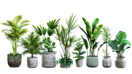 A collection of various green potted plants arranged in a row against a white background, suitable for interior decoration.