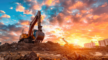 A construction site at sunrise with excavators, unfinished buildings, and a beautiful sky, delivering a sense of progress and new beginnings