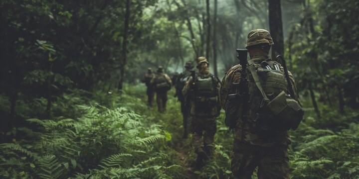 Soldiers in camouflage gear march through a misty forest during a military exercise