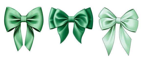 Fototapeta premium Set of three sage green bows on white background. Coquette ribbon bows illustration.