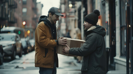 A delivery person in a cap hands over a package to a recipient on a city street, capturing a moment of cheerful interaction between them.