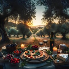 picnic with pizza and wine