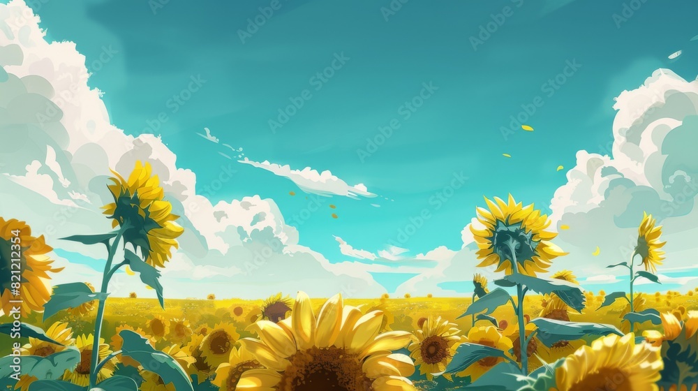 Poster sunflower field with a clear sky and fluffy white clouds.