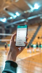 Volleyball Match Mobile App Mockup Displaying Game Statistics Held by Spectator in Stadium