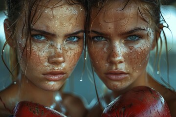 Intense portrait of twin female boxers with determined expressions, ready to face a challenge