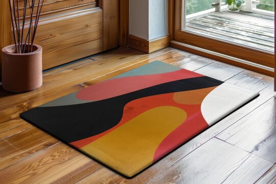 Digital Collage of A modern doormat with a minimalistic, abstract print.,natural light