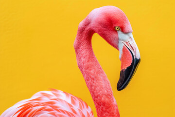 Fototapeta premium Portrait of a beautiful pink Flamingo isolated on yellow and orange empty background with space for text or inscriptions 