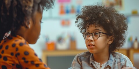 Two young girls engaged in a conversation, one with glasses