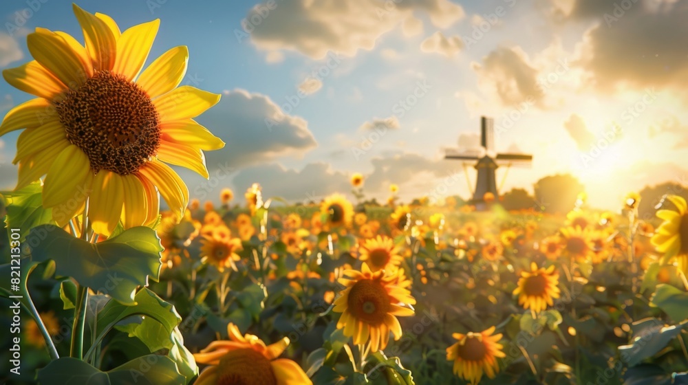 Poster sunflower field with a windmill in the distance under a bright sky.