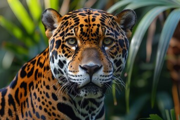 Obraz premium Stunning close-up of a jaguar's head with intense gaze, surrounded by green foliage