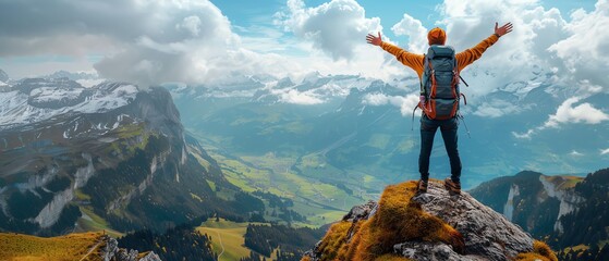 Solo traveler hiking in the mountains, reaching the summit with arms raised in triumph, breathtaking panoramic view of the landscape, sense of achievement, copy space