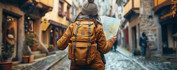 Solo traveler with a map and camera exploring narrow cobblestone streets of an old European town, historic buildings and local culture, sense of discovery, copy space