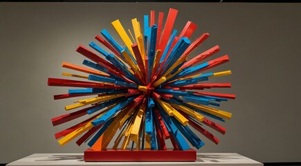  Colorful abstract sculpture with red, yellow, and blue design on display.