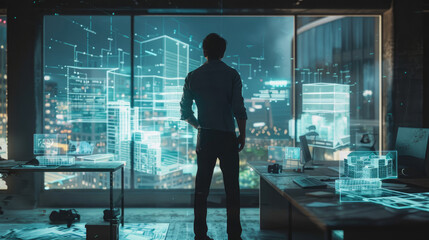 A man standing in an office looking at holographic screens displaying architectural 3D models, indicating futuristic technology in use.