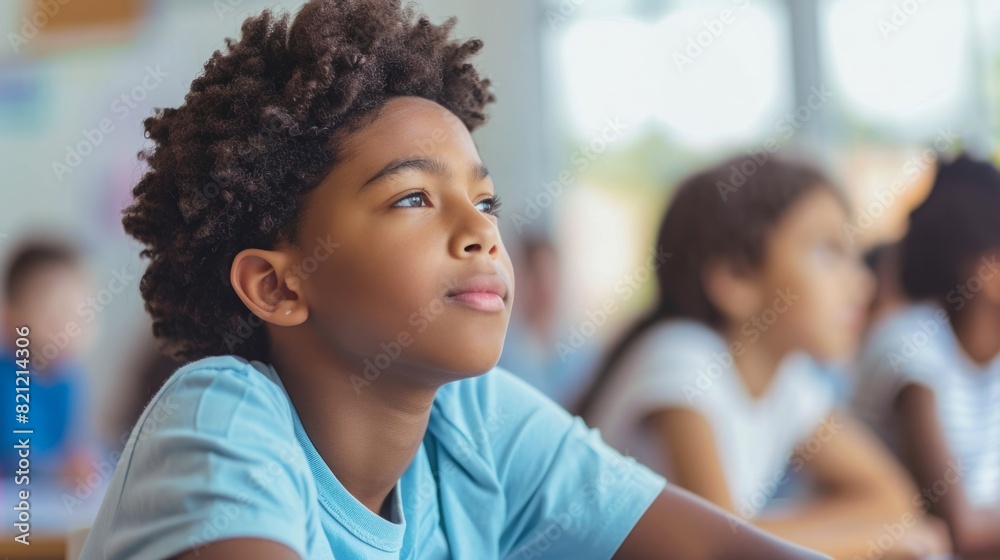 Poster a boy is sitting at a desk in a classroom, surrounded by textbooks and school supplies. he appears f