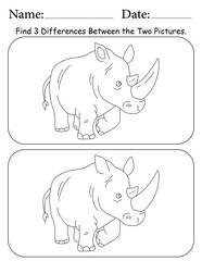 Rhino Puzzle. Printable Activity Page for Kids. Educational Resources for School for Kids. Kids Activity Worksheet. Find Differences Between 2 Shapes