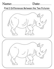 Rhino Puzzle. Printable Activity Page for Kids. Educational Resources for School for Kids. Kids Activity Worksheet. Find Differences Between 2 Shapes