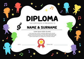 Color silhouette of Happy kids are jumping with musical notes. Children's activities. Template for Certificate kids diploma.