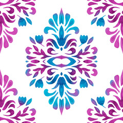 Abstract hand drawn watercolor tile seamless ornamental pattern. Bright Damask mandala flower for fabric and wallpapers