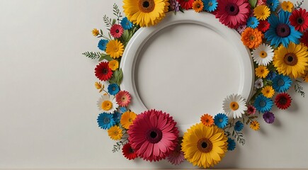 . A round white frame with vibrant colorful flowers surrounding it.