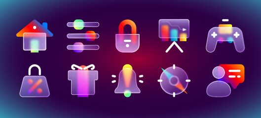Transparent frosted glass morphism ui icons with purple neon gradient. Realistic matte blur buttons with glassmorphism effect for interface. Vector notification, gift box, shopping bag, gamepad, lock.