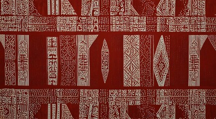 A geometric design on red and white patterned fabric.