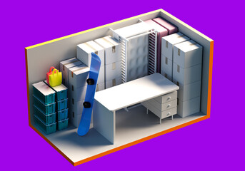 Storage Units 10 by 20 feet. Self storage unit cutaway. Self storage unit on purple background....
