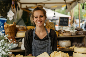 Friendly cheese vendor smiling in market, displaying various cheeses, exemplifying artisanal craftsmanship, joy for food.