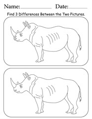 Rhino Puzzle. Printable Activity Page for Kids. Educational Resources for School for Kids. Kids Activity Worksheet. Find Differences Between 2 Shapes