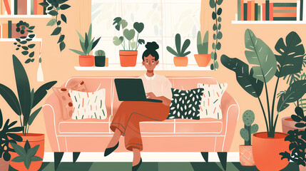 Illustration of a Woman Working on a Laptop Surrounded by Indoor Plants in a Cozy Living Room