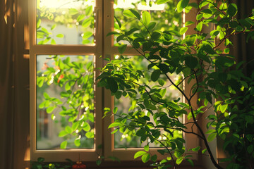 Window with branches and green leaves close up
