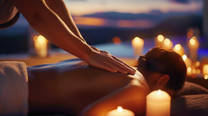 Obraz na płótnie Canvas A person receiving a relaxing back massage in a serene environment with candles and soft lighting, promoting wellness and tranquility, soft studio lighting