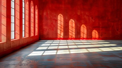 a room with a red wall and several windows