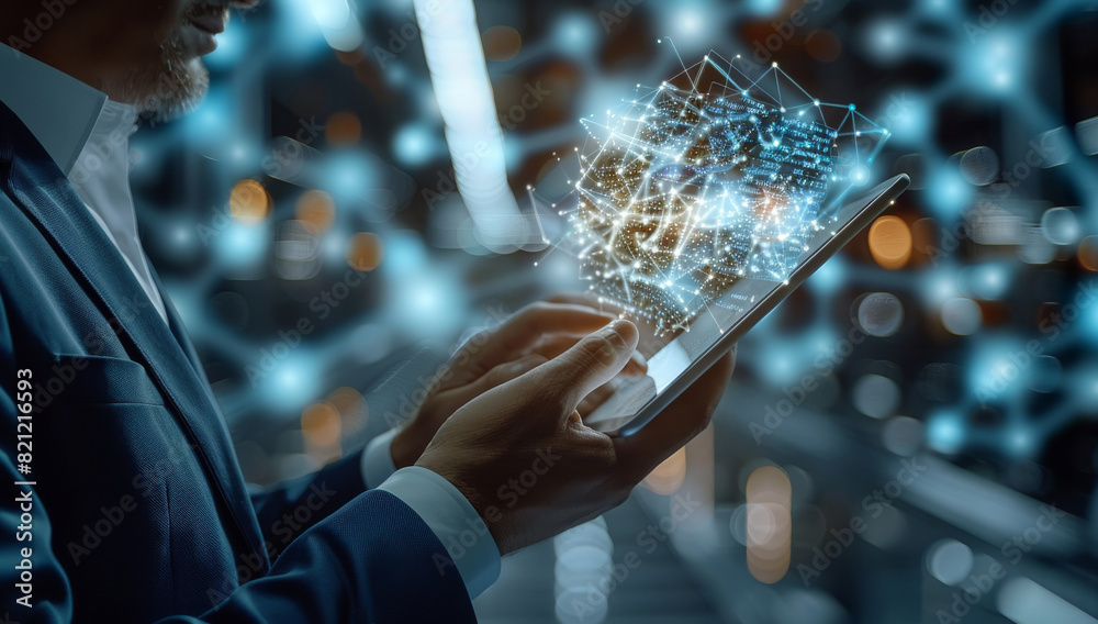 Leinwandbilder A businessman holding a tablet and looking at a virtual blockchain network with data fields floating around him. A close up shoot of hands and tablet. Generative AI.