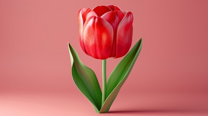 a single red tulip with green leaves against a pink background