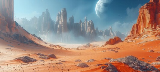 Alien desert landscape with towering rock formations under a hazy sky and a large planet looming in the background.
