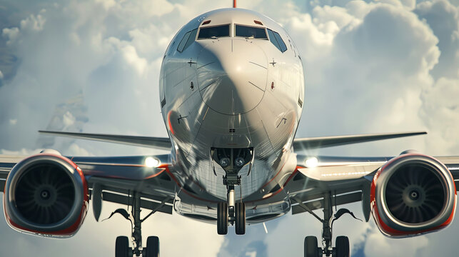 Front of a white passenger plane taking off or taking off from the runway, front view close up
