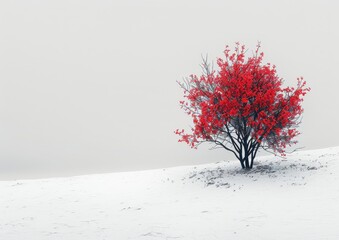 a lone tree with red leaves in a snowy field