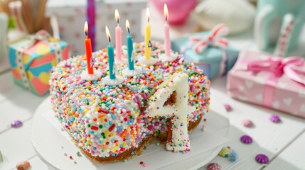 Whimsical Number 4 Birthday Cake with Pastel Rainbow Sprinkles and Multicolored Candles for Celebratory Design