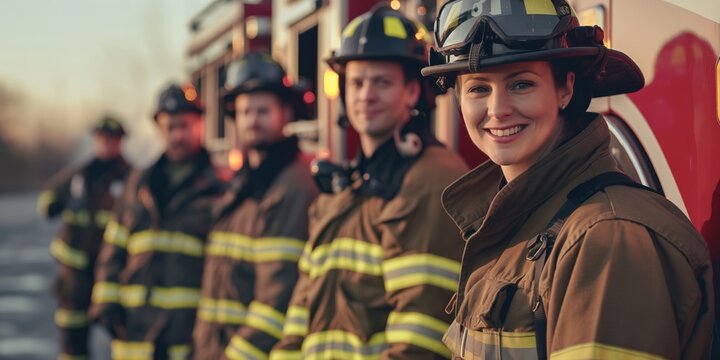 Confident team of uniformed firefighters poised for emergency response with a fire engine in the background
