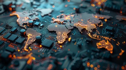 Motherboard surface chips, world map, supply chain, war, customs duties, import ban, 16:9