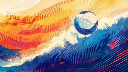 Abstract Sports Art: Volleyball Morphs into Waves on a Vibrant Beach-Themed Poster Design