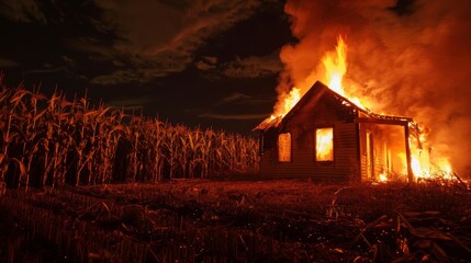 a house in fire in the middle of a corn field at night